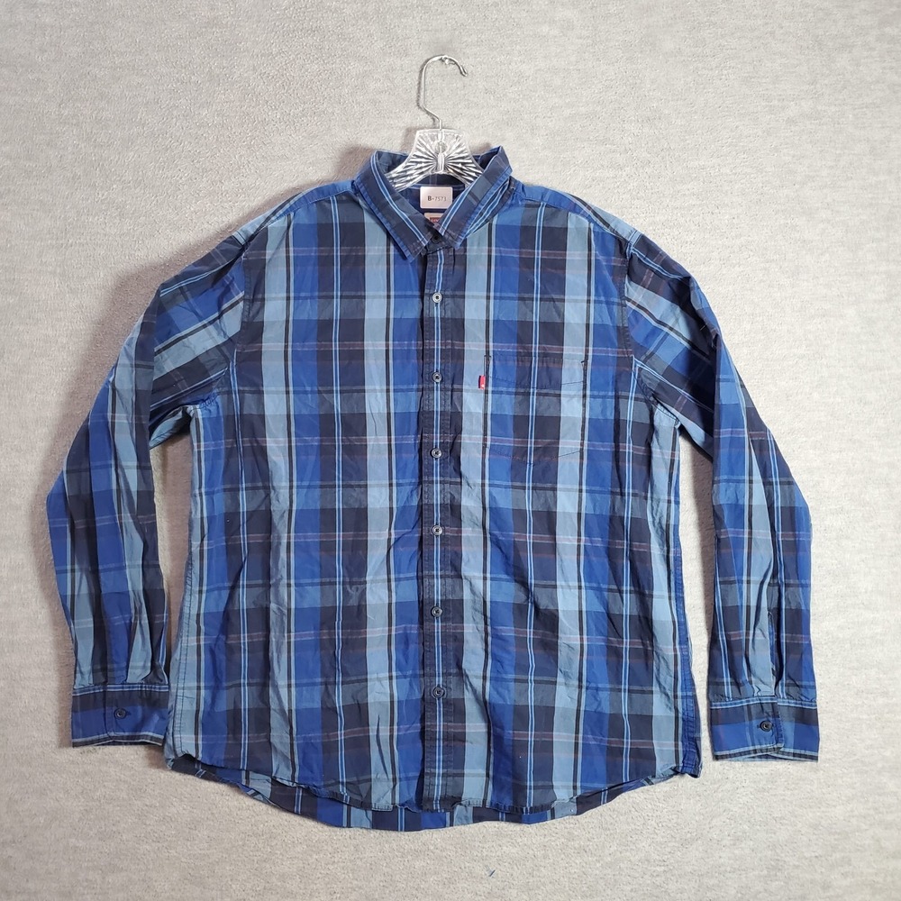 Levi's Men Button Up Shirt XL Blue Plaid Long Sleeve Pocket Casual‎